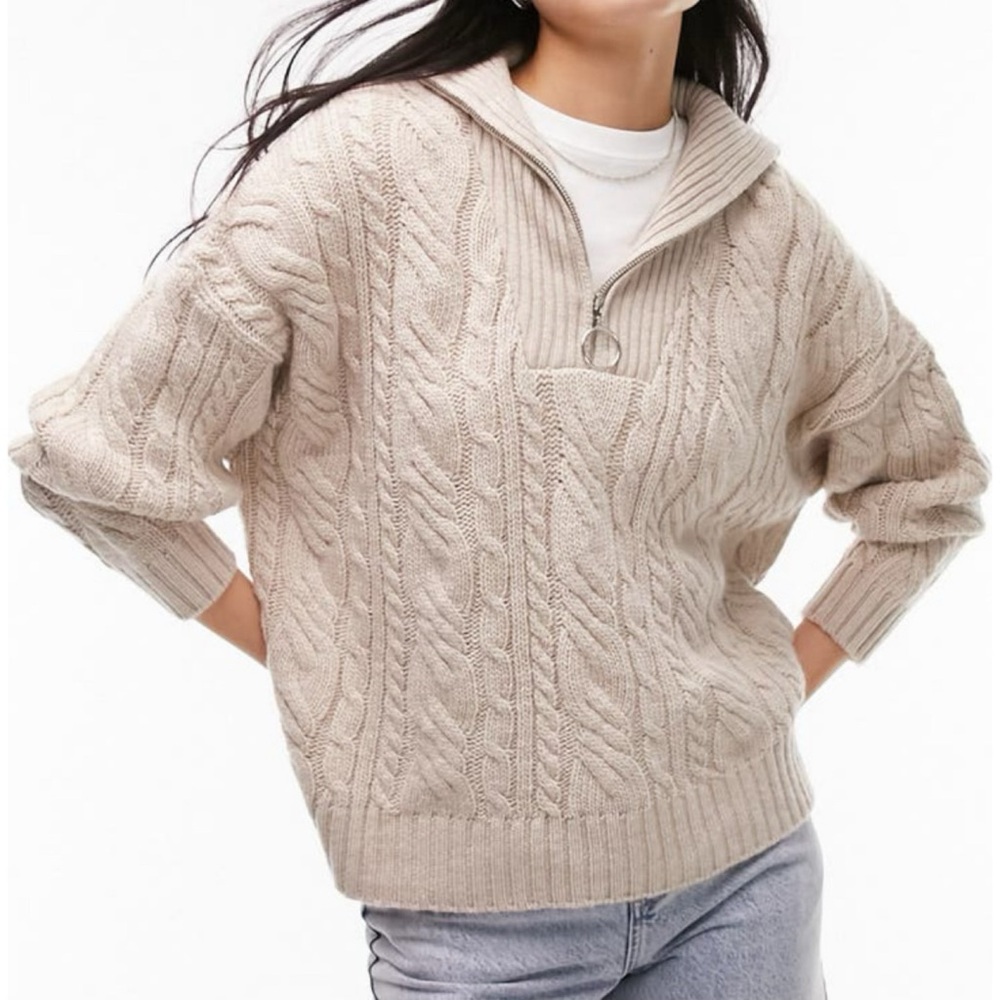 Topshop Oversize Cable Knit Half Zip Sweater in Oat Size Medium